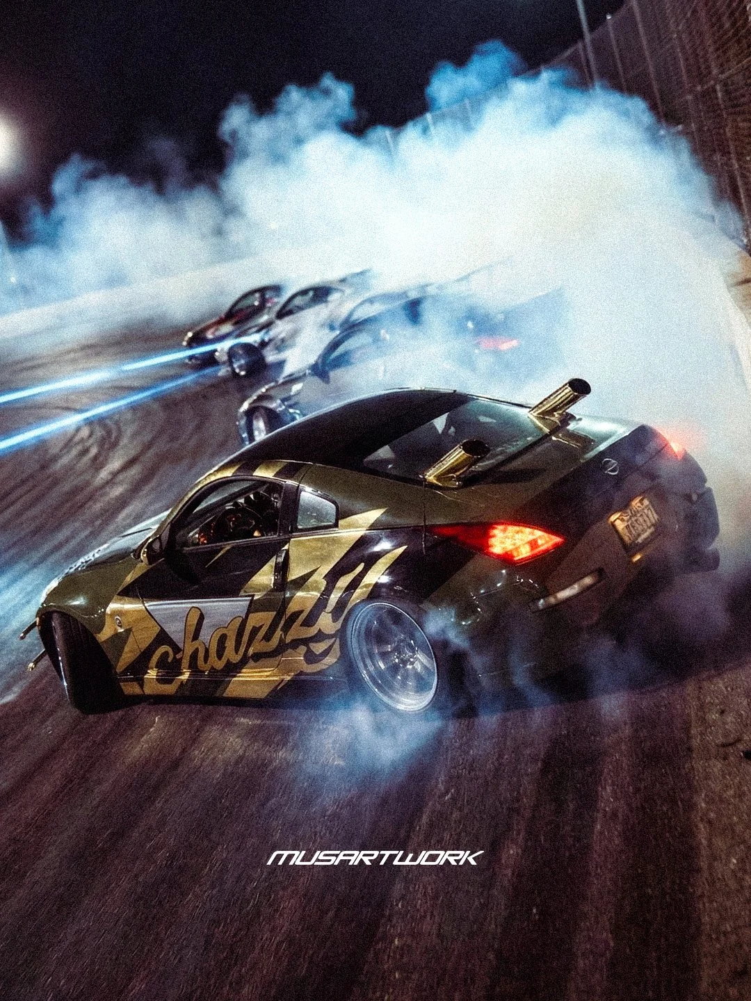 A black and gold drift car performing a burnout on a racetrack at night with smoke billowing around, several other cars in the background, and tire marks on the ground.
