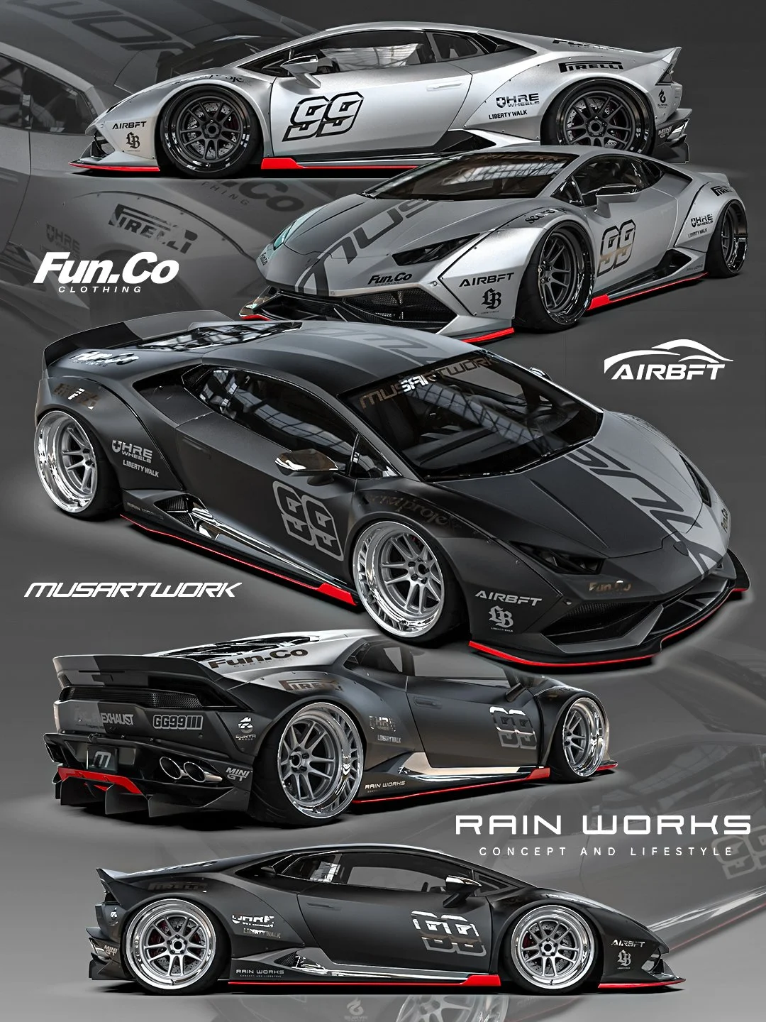 A series of four concept cars with sleek, aerodynamic designs, dark and silver color schemes, and various sponsor logos, including Fun.Co, AIRBFT, and MUSARTWORK, displayed on a dark background.
