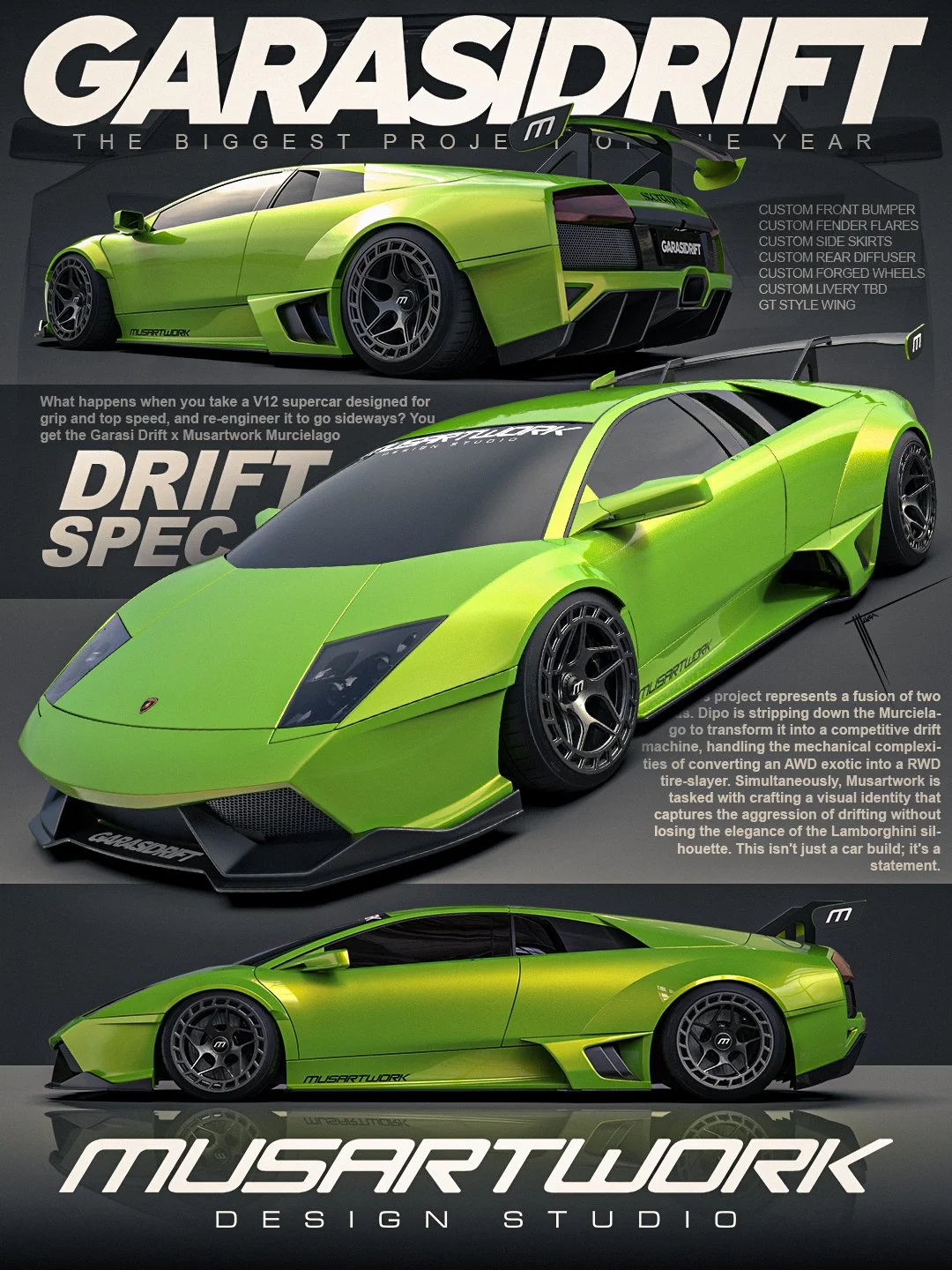 Three pictures of a lime green Lamborghini sports car with custom modifications, including a front splitter, fender flares, side skirts, and rear diffuser, showcased in a magazine-style layout. Text highlights a project by Musartwork focusing on transforming the Lamborghini into a drift car with a racing aesthetic.