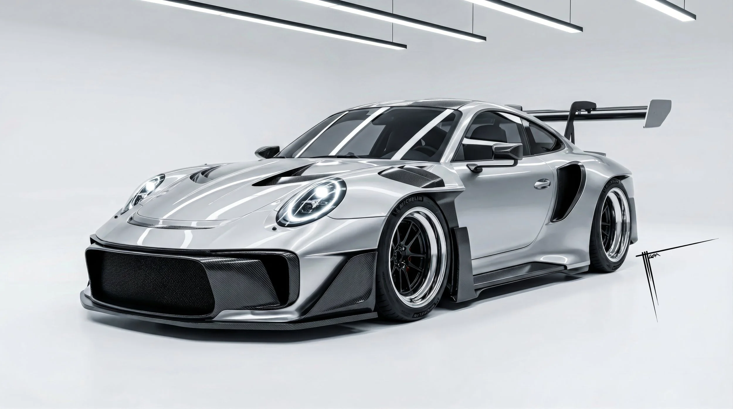 A sleek, modern race car with a silver and black color scheme, large rear wing, and aerodynamic design, set against a plain white background.