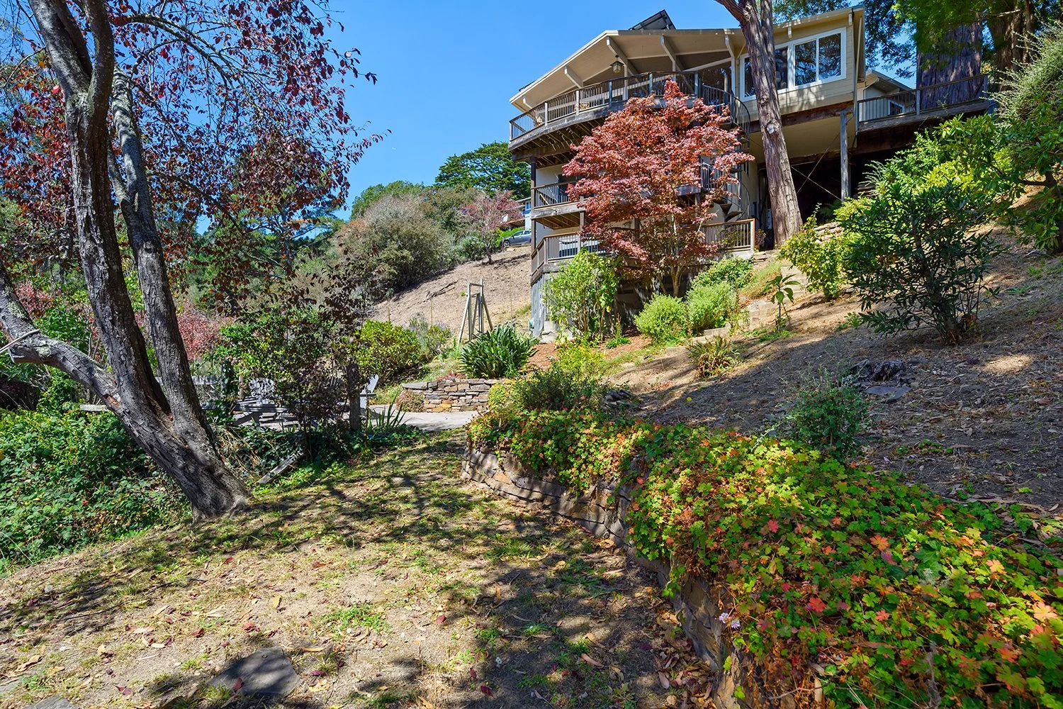 Multi-story house on a hillside surrounded by trees and shrubs, with a garden in the foreground and a clear blue sky.