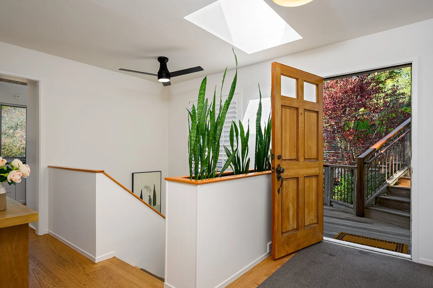 View of a bright entryway with a wooden door open to reveal stairs leading outside, a central planter with tall snake plants, a window, a ceiling fan, and a skylight.