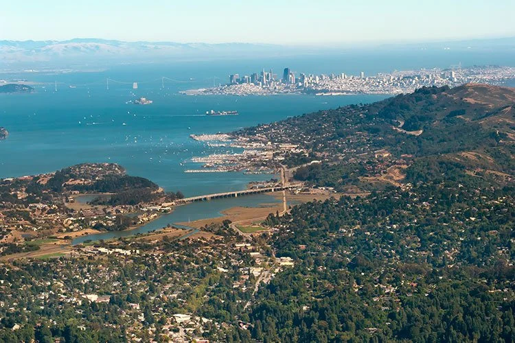 Aerial view of a city skyline across a bay, with a bridge, rolling hills, and residential areas in the foreground.