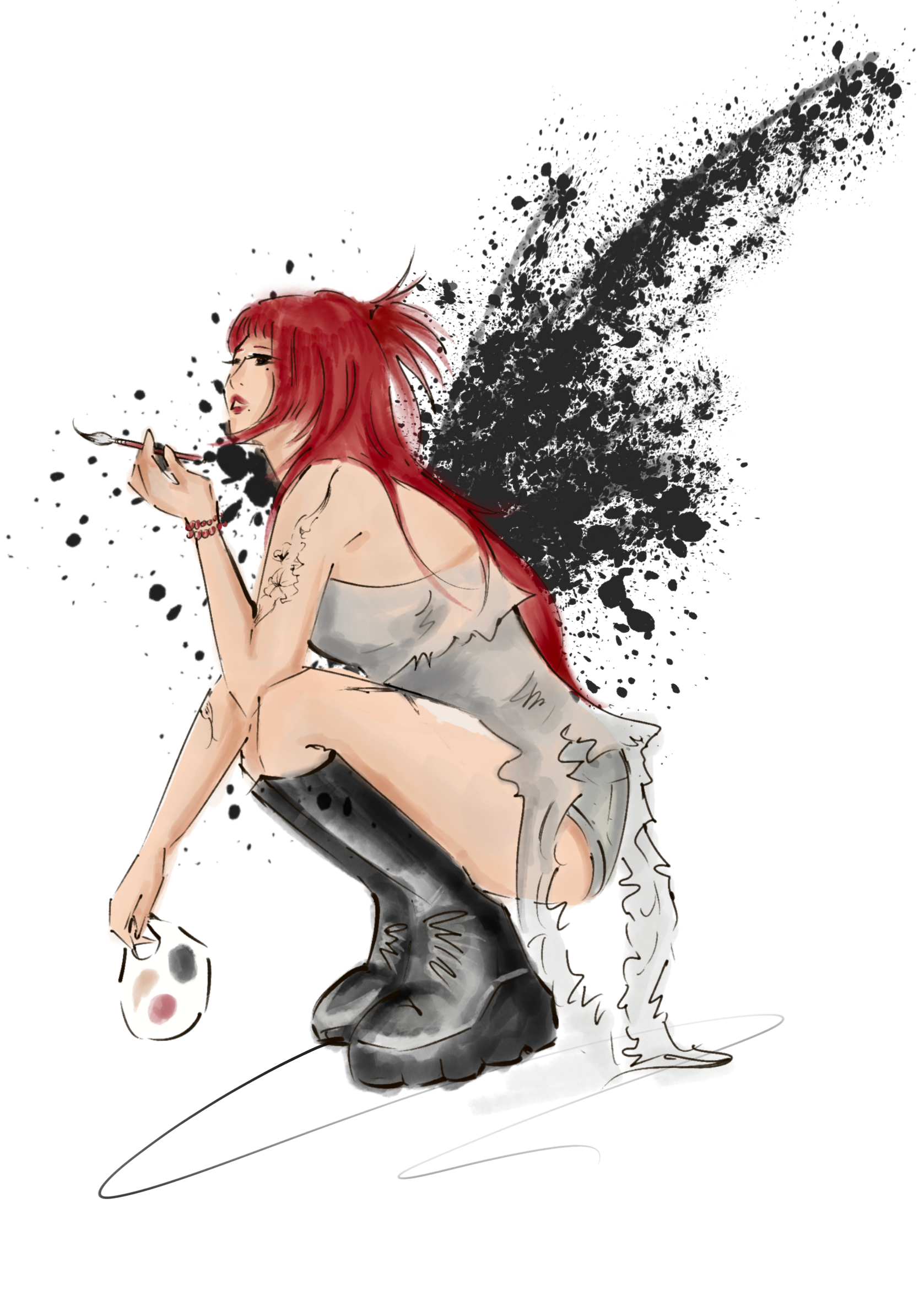 A woman with red hair, wearing a white tank top and black pants, squatting and painting a white palette with paint, with black ink splatters behind her.