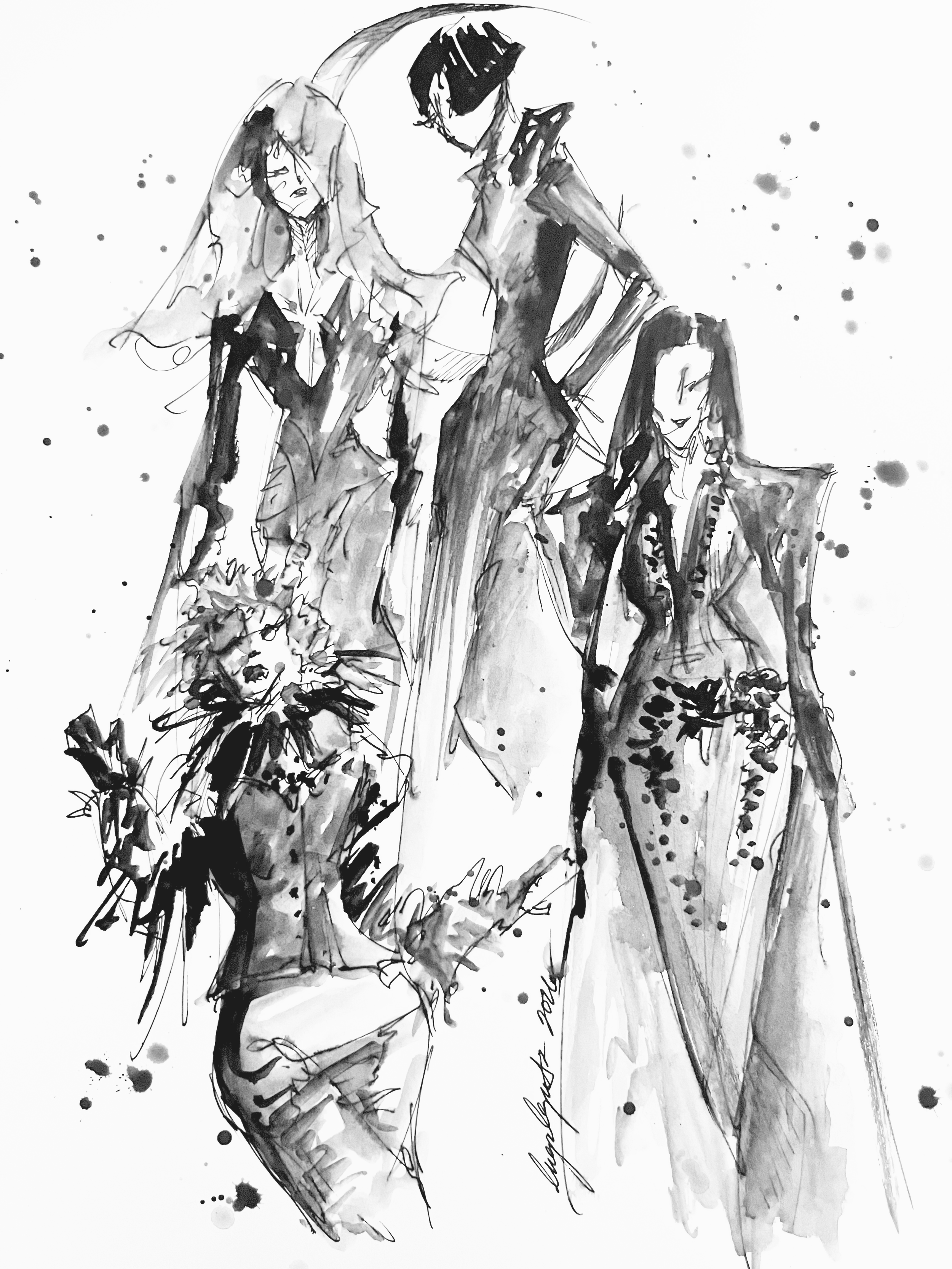 Black and white watercolor illustration of two women with long hair, one seated and one standing, surrounded by abstract splashes and plants.