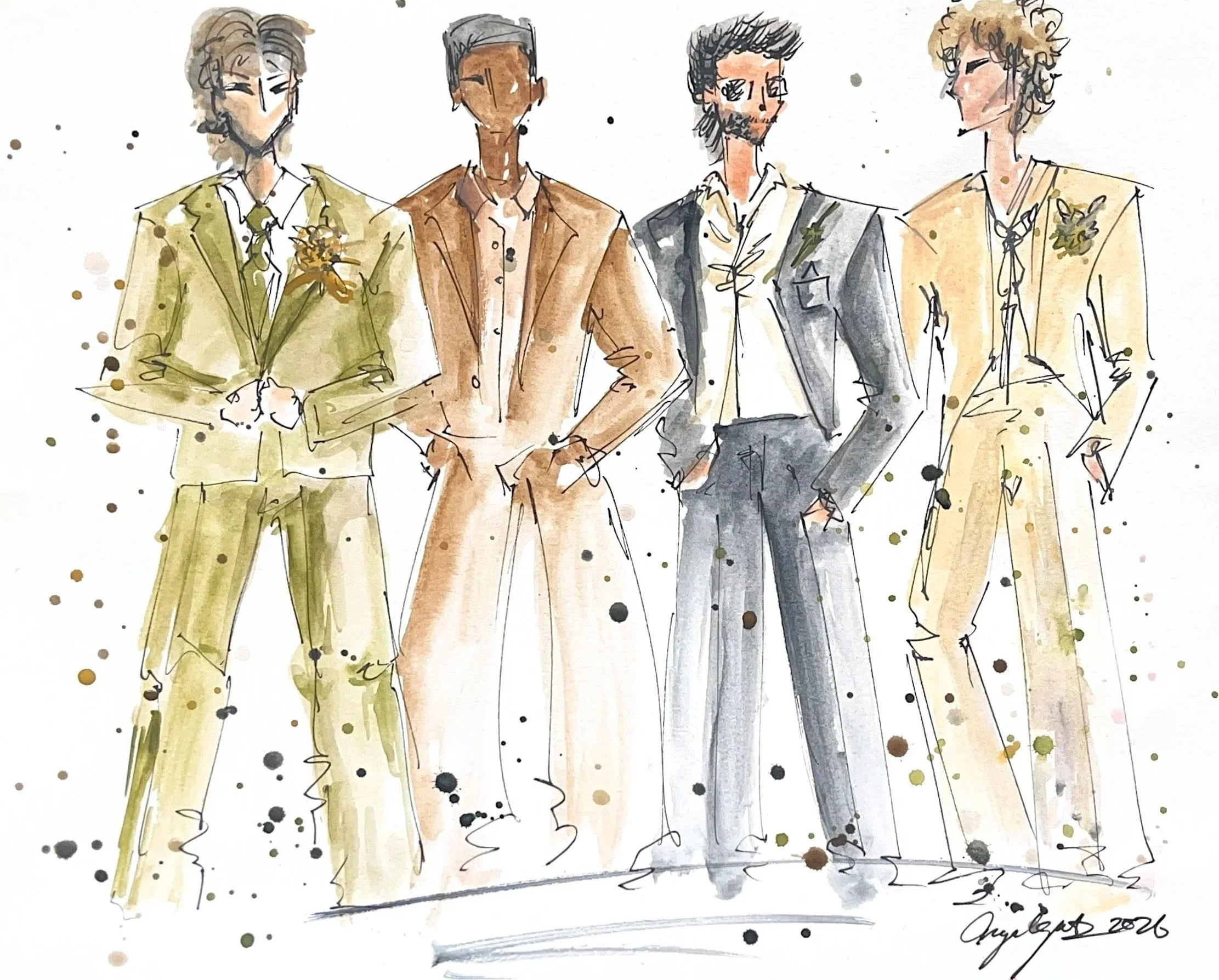 Watercolor sketch of four men dressed in suits, standing side by side, with a splatter background and signature at the bottom right corner.
