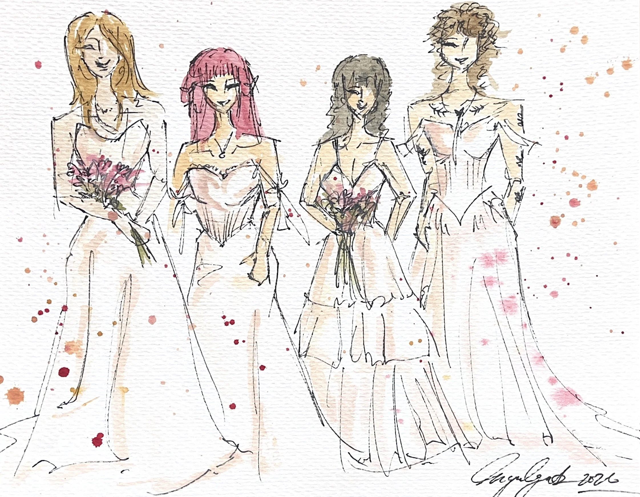 Watercolor sketch of four women holding bouquets of flowers, dressed in elegant dresses, with colorful paint splatters in the background.