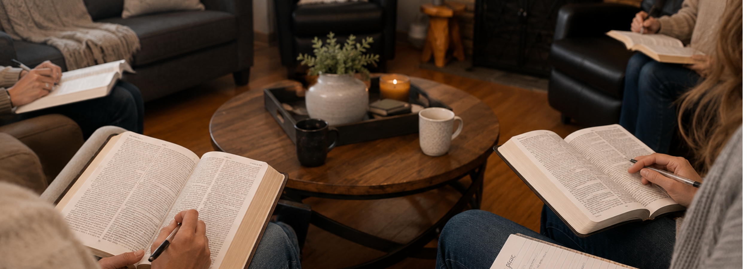People sitting around a wooden coffee table, reading and taking notes from books, with a vase and candles on the table in a cozy living room.