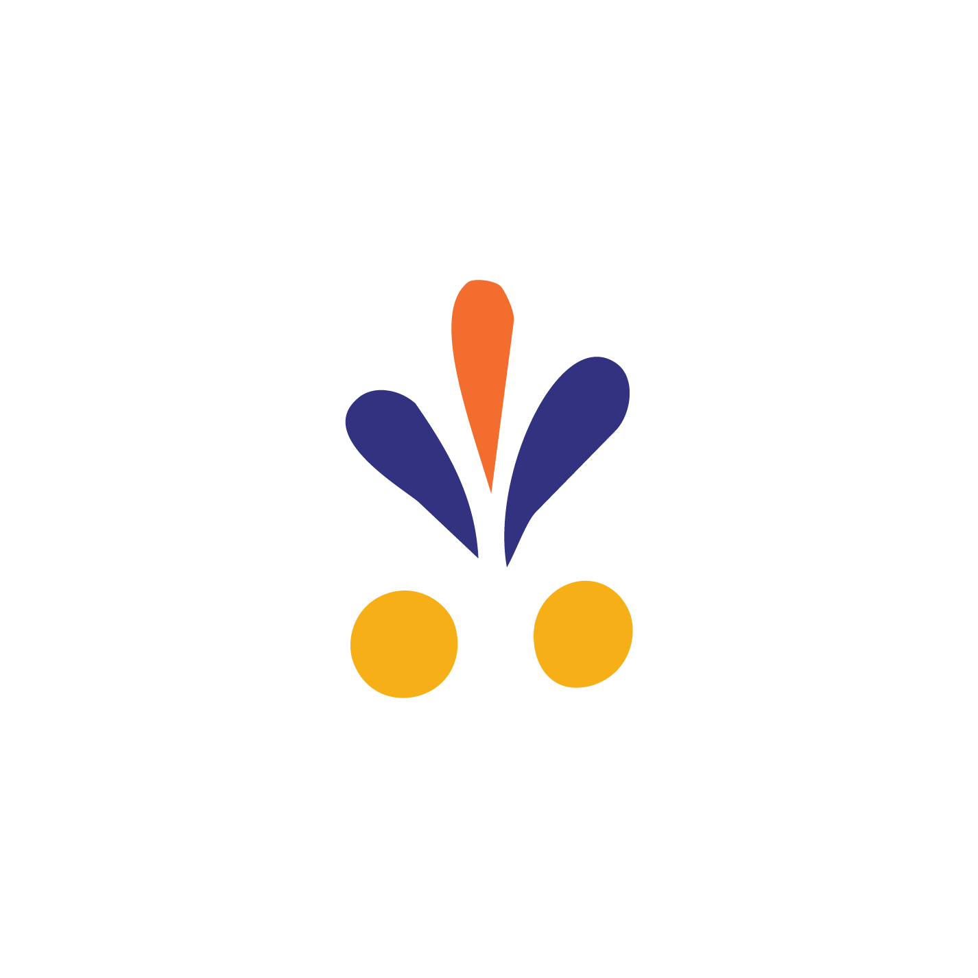 Stylized flower logo with orange center, dark blue petals, and yellow base.