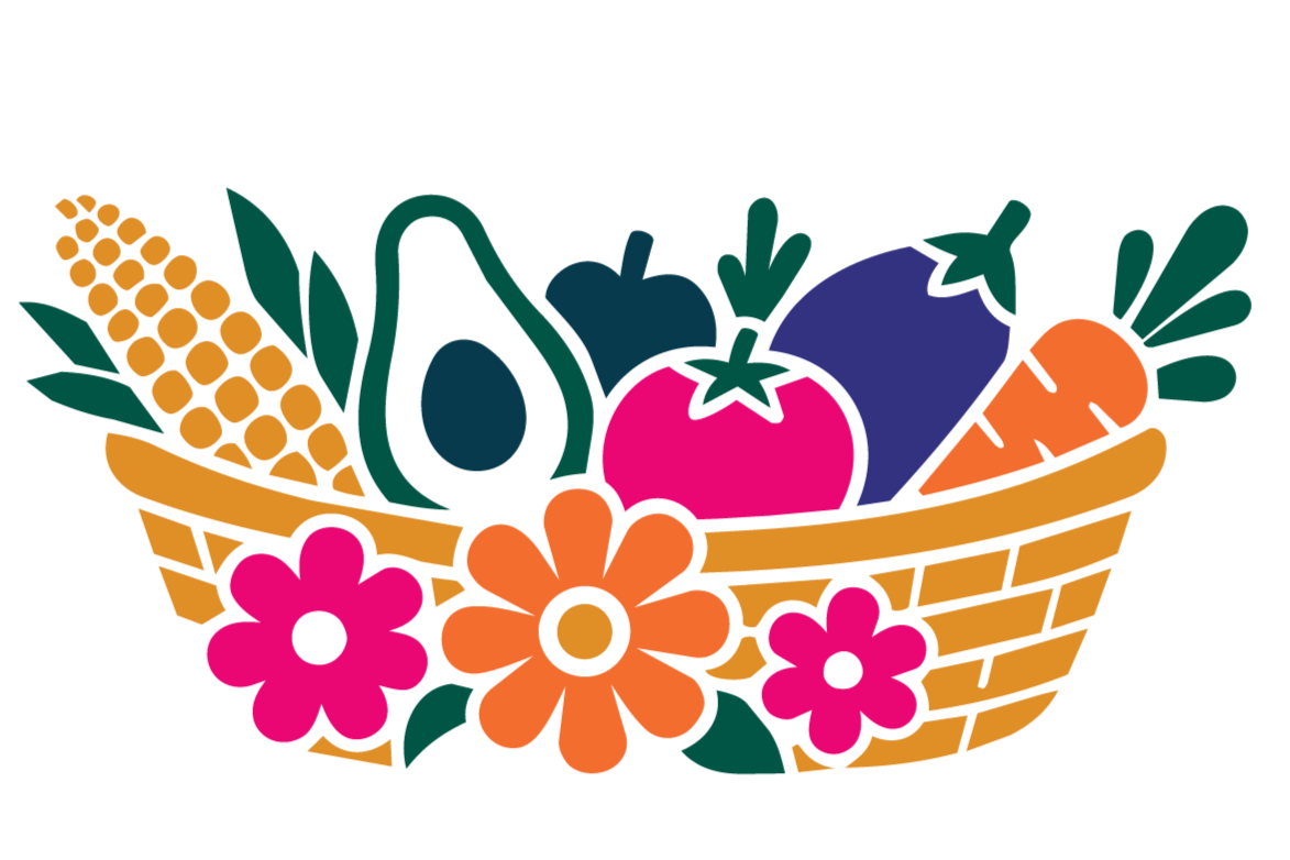 Colorful illustrated basket filled with vegetables and flowers, including corn, avocado, tomato, eggplant, carrot, and various pink and orange flowers.