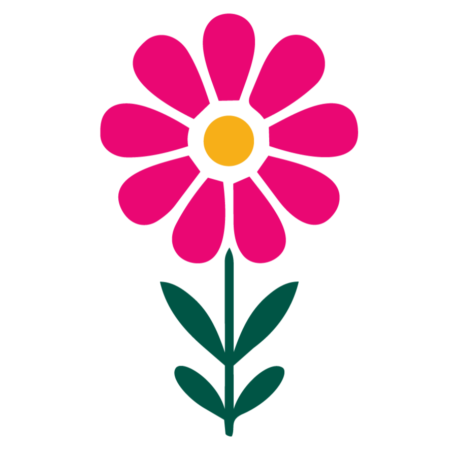 Simple drawing of a pink flower with a yellow center, green stem, and leaves.