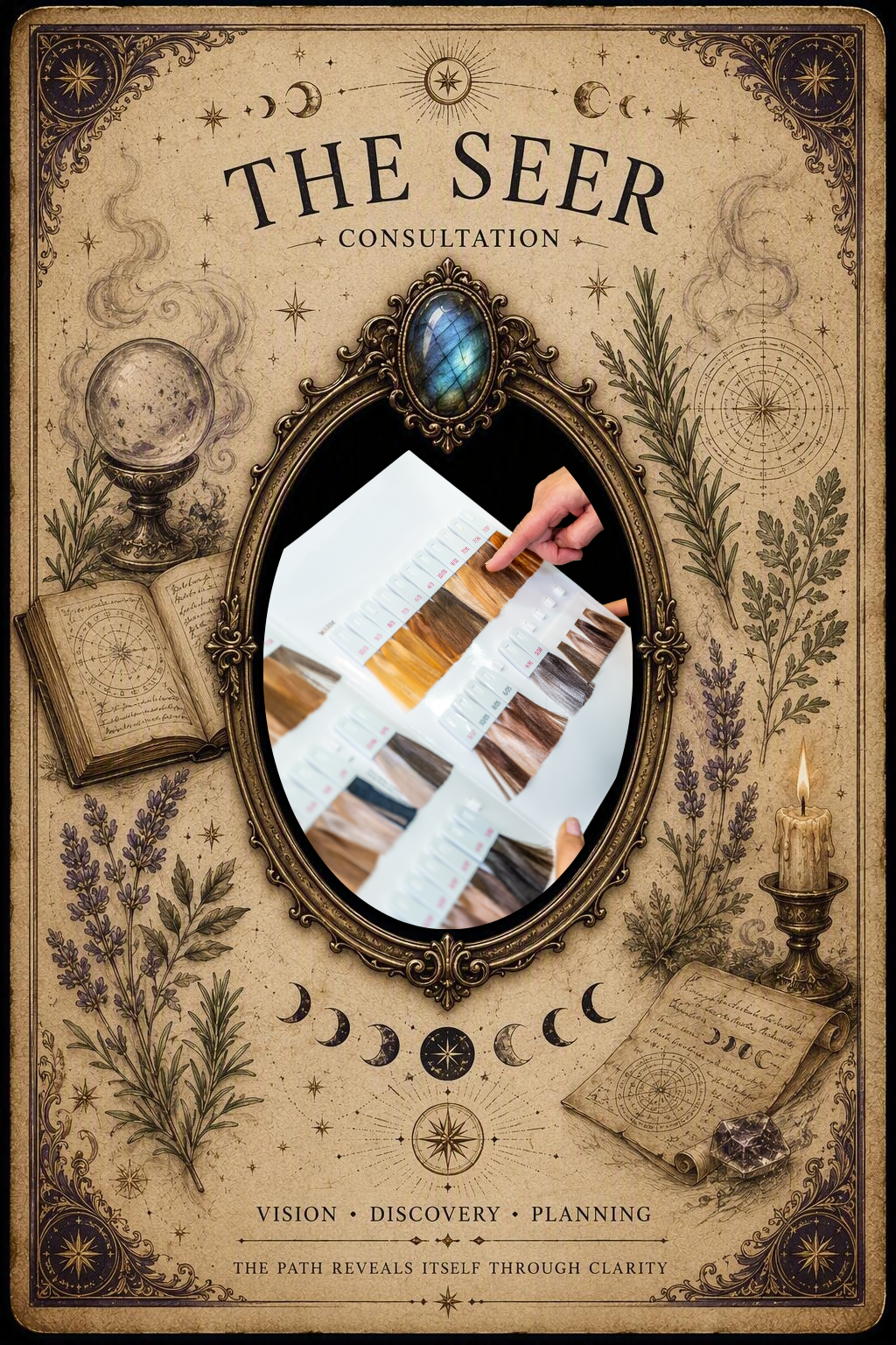 The Seer consultation tarot card for HairCraft featuring hair color swatches, botanical artwork, and mystical apothecary-inspired design.