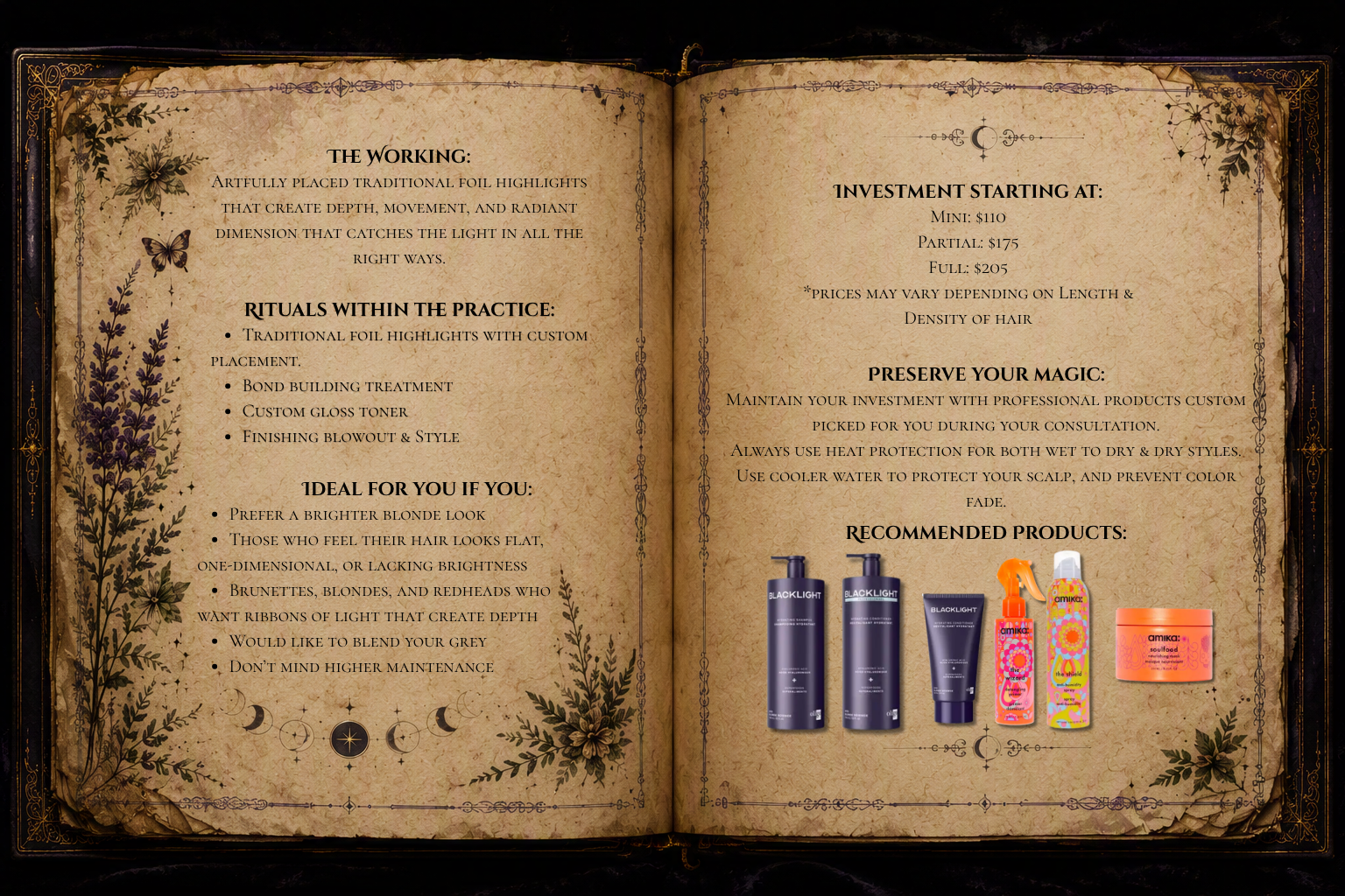 The Illuminator dimensional highlights grimoire page explaining foil highlighting and blonding services, including custom highlight placement, dimensional hair color enhancement, maintenance recommendations, and professional home hair care guidance.