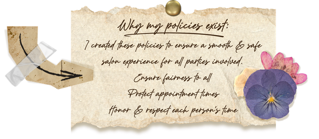 HairCraft policies page outlining the purpose of salon policies, including respect for time, fairness, and appointment scheduling.