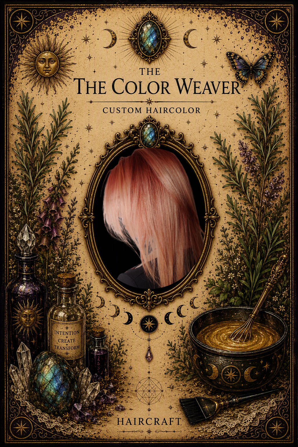 The Color Weaver custom hair color service card featuring customized hair color, crystal accents, botanical elements, and ornate tarot-inspired artwork.