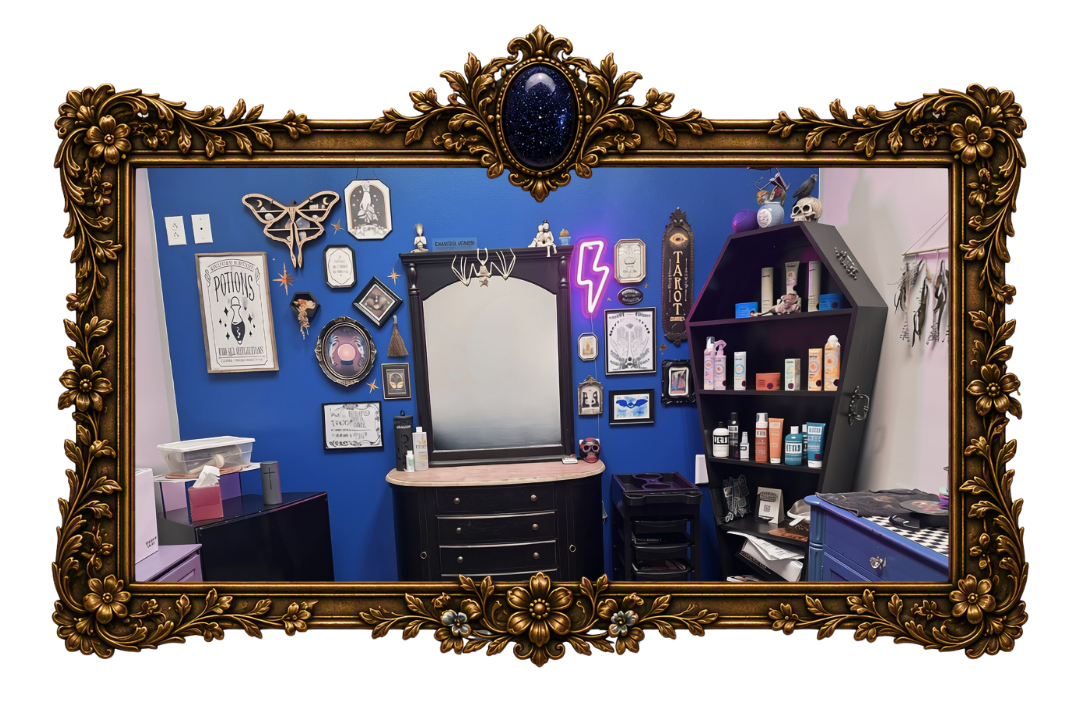HairCraft salon suite featuring a witchy-inspired hair studio with botanical decor, tarot accents, professional haircare products, and a personalized client experience.