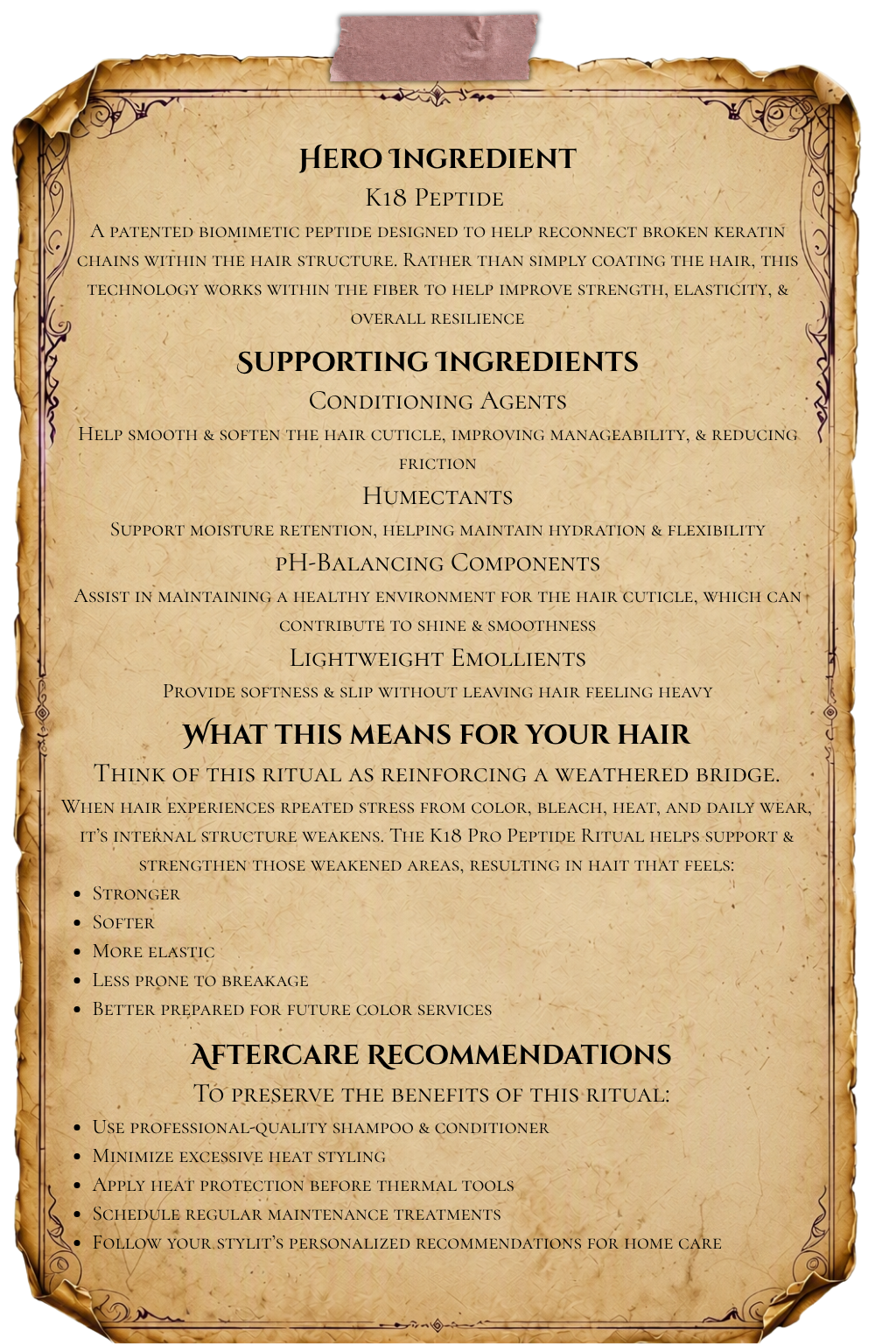 K18 Pro Peptide Treatment alchemy notes page explaining the K18 peptide technology, including biomimetic keratin repair, supporting ingredients, hair strengthening benefits, and professional aftercare recommendations for long-term hair health.