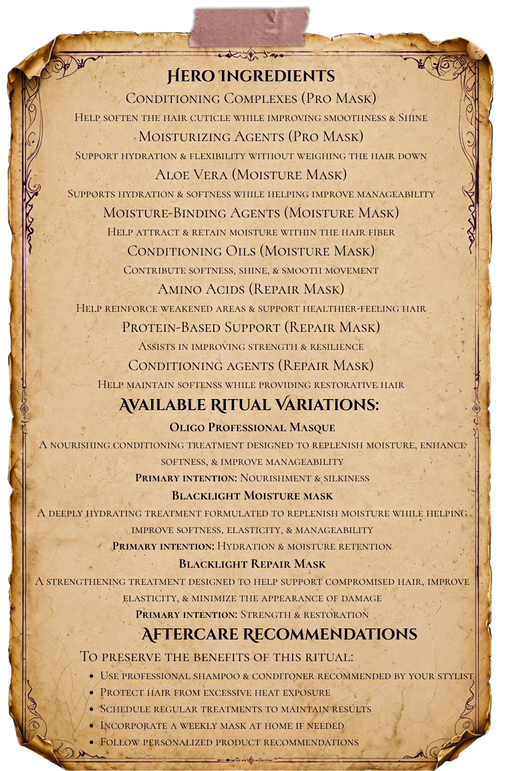 Oligo Mask Treatment alchemy notes explaining conditioning benefits, treatment limitations, and magical correspondences for nourishment, hydration, strength, and hair restoration.