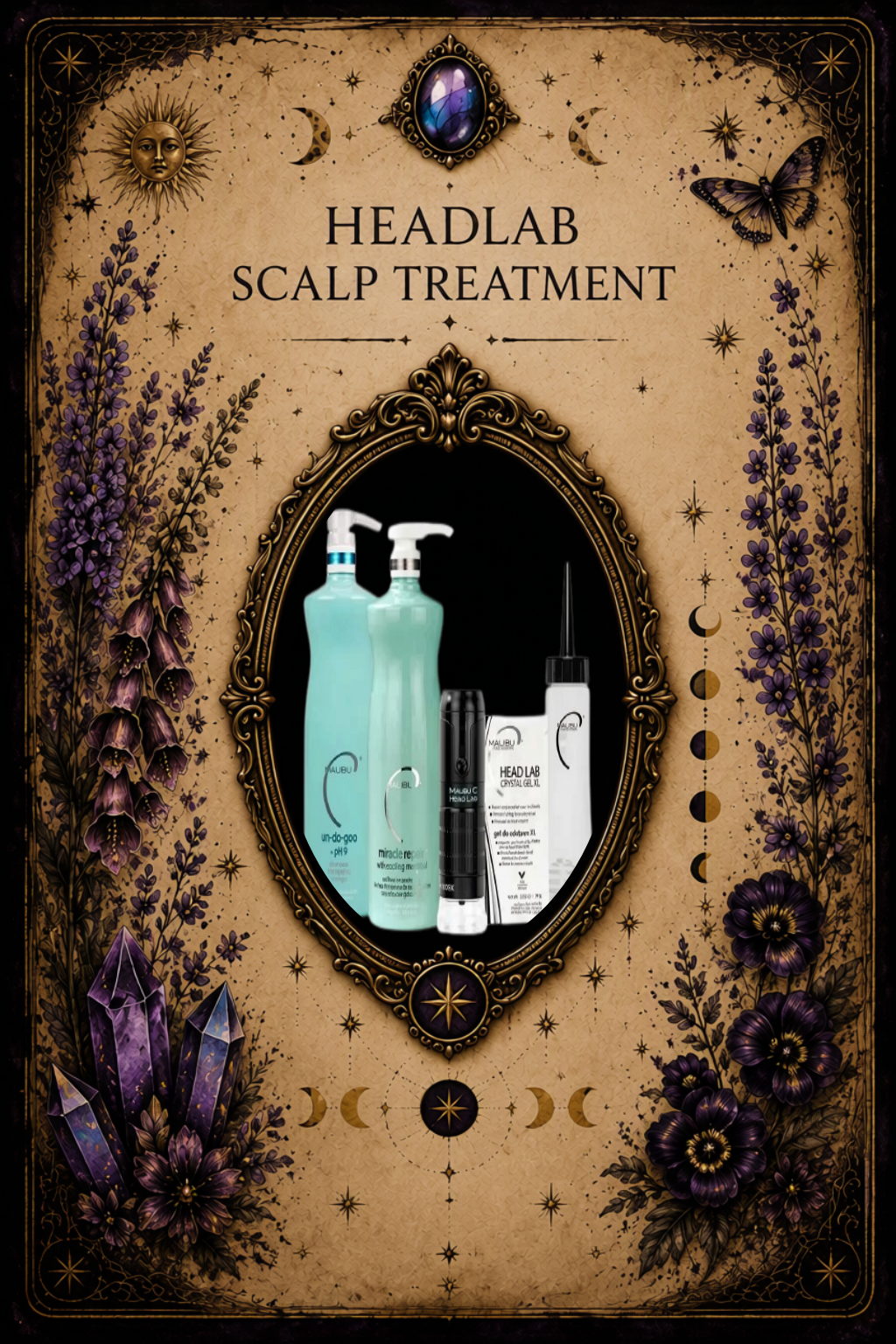 HeadLab Scalp Treatment aftercare guide card featuring professional scalp wellness products, scalp health and scalp treatment maintenance education, crystal accents, botanical elements, and ornate tarot-inspired artwork.