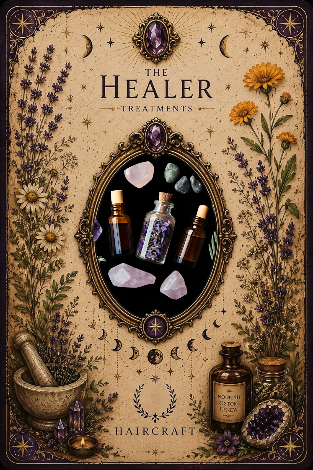 The Healer treatment service card featuring restorative hair treatment oils, herbal ingredients, crystal accents, and ornate tarot-inspired artwork.