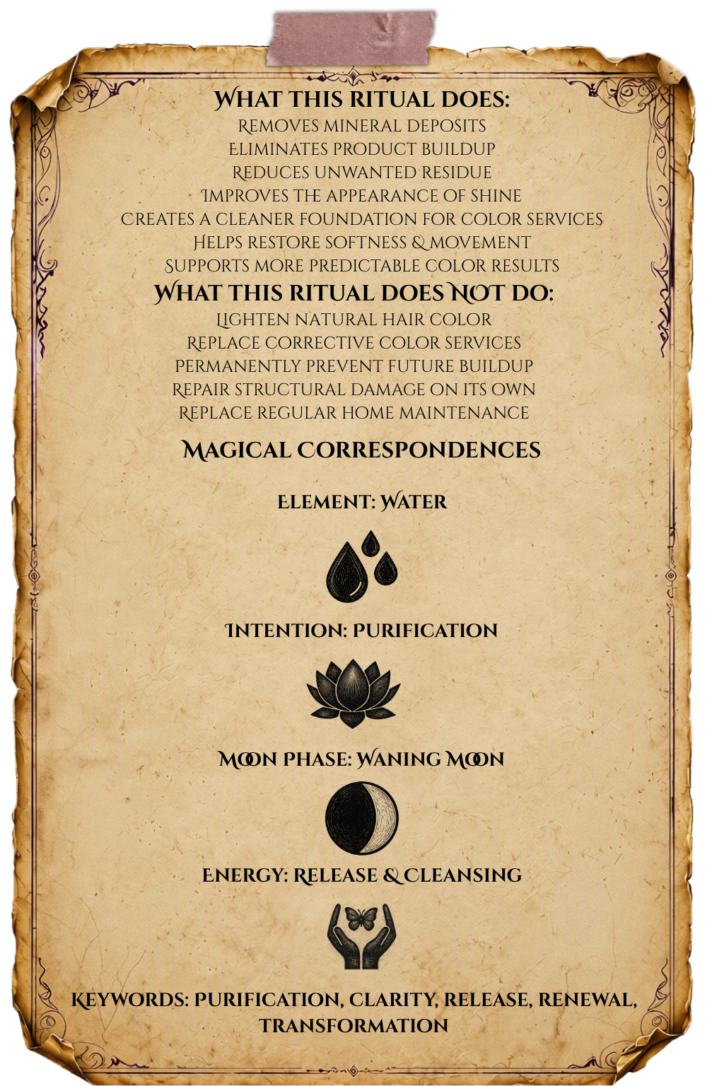 Crystal Gel Clarifying Treatment alchemy notes explaining chelating technology, mineral and product buildup removal, clarifying benefits, aftercare recommendations, and cleaner, shinier hair results.