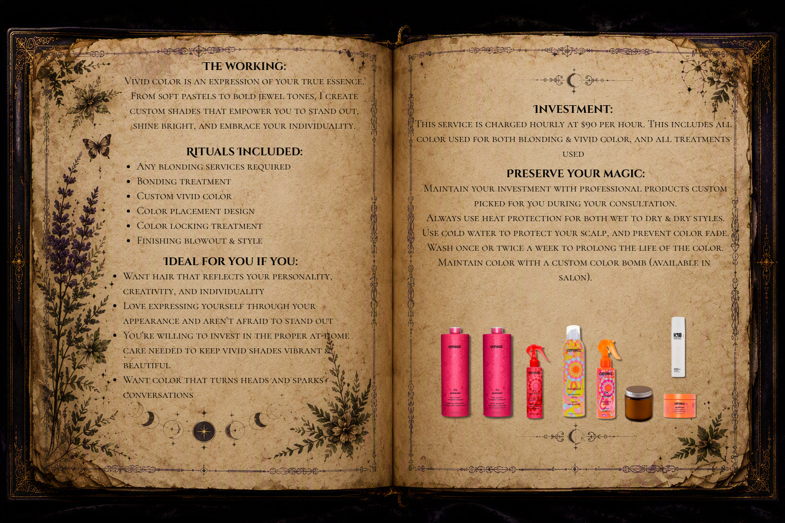 The Enchantress vivid hair color grimoire page explaining custom vivid hair color services, including creative color design, vibrant fashion hair color, at-home color maintenance, and long-lasting color vibrancy.