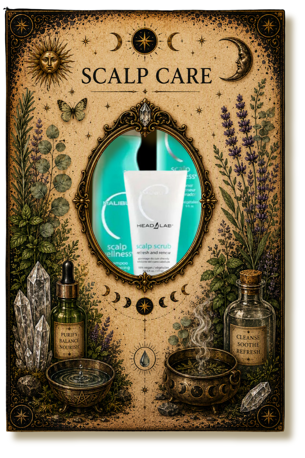Scalp Care aftercare service card featuring professional scalp care products for scalp health and scalp maintenance, crystal accents, botanical herbs, and ornate tarot-inspired artwork.