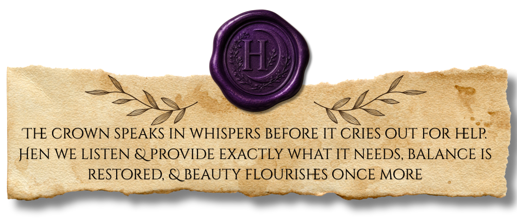 Decorative HairCraft wax seal page for the Oligo treatment collection, featuring a message about listening to the hair's needs, restoring balance, and supporting healthy beauty.