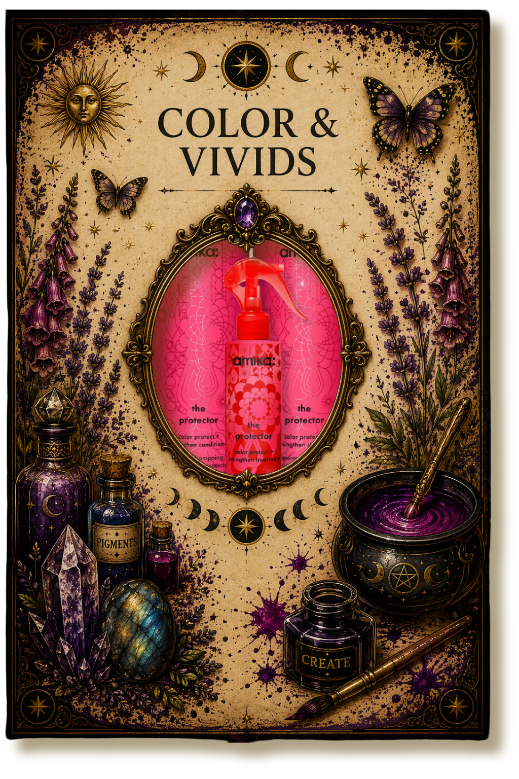 Color & Vivids aftercare service card featuring professional hair care products for custom hair color and vivid hair color maintenance, crystal accents, botanical elements, and ornate tarot-inspired artwork.