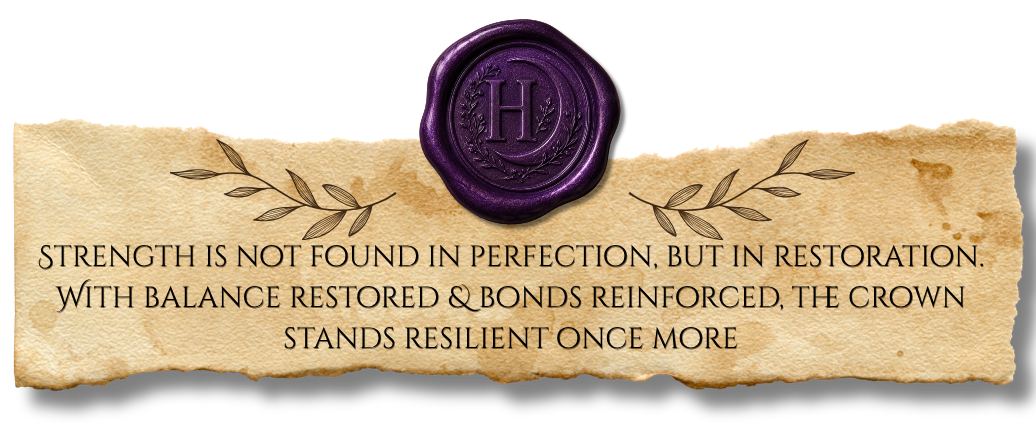 HairCraft Redken wax seal graphic featuring a restoration-themed reflection, "Strength is not found in perfection, but in restoration. With balance restored & bonds reinforced, the crown stands resilient once more."