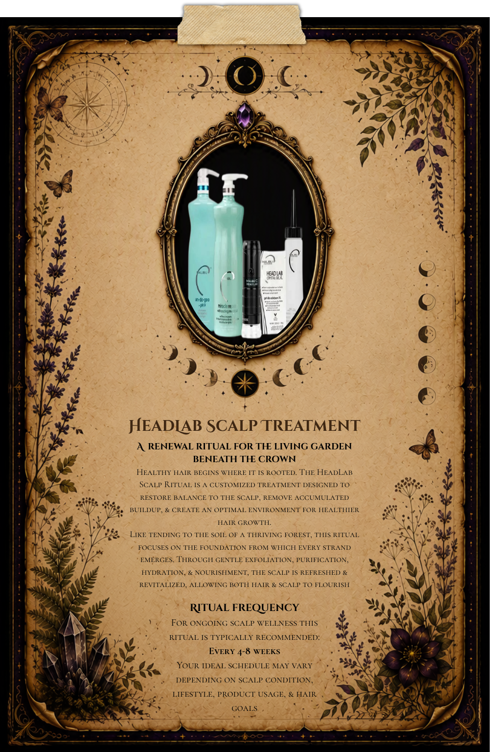 HeadLab Scalp Treatment grimoire page explaining scalp wellness and exfoliation therapy, including scalp balance restoration, buildup removal, hydration support, and healthier conditions for hair growth.