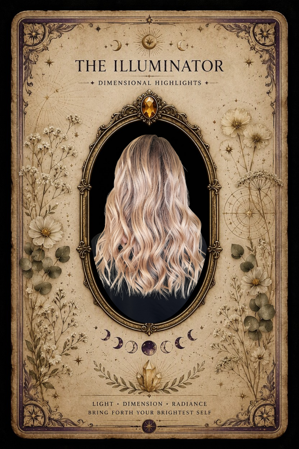 The Illuminator dimensional highlights service card featuring blended blonde hair, botanical elements, crystal accents, and ornate tarot-inspired artwork.