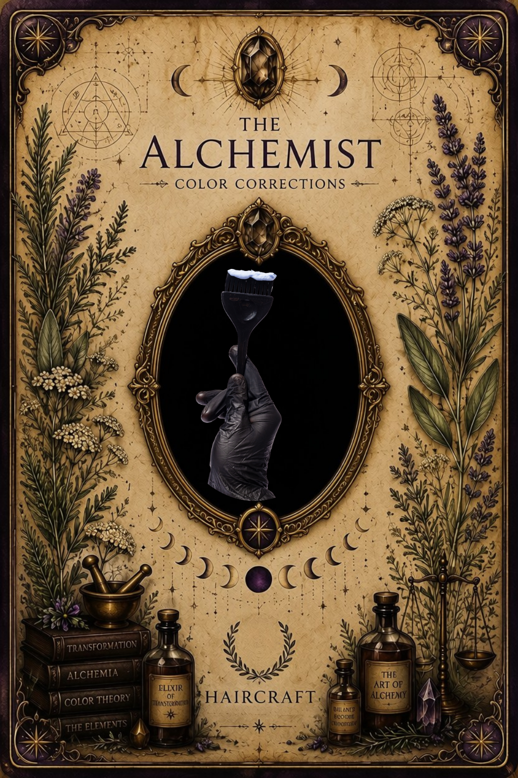 The Alchemist color correction service card featuring a professional hair color brush, apothecary elements, botanical details, and ornate tarot-inspired artwork.