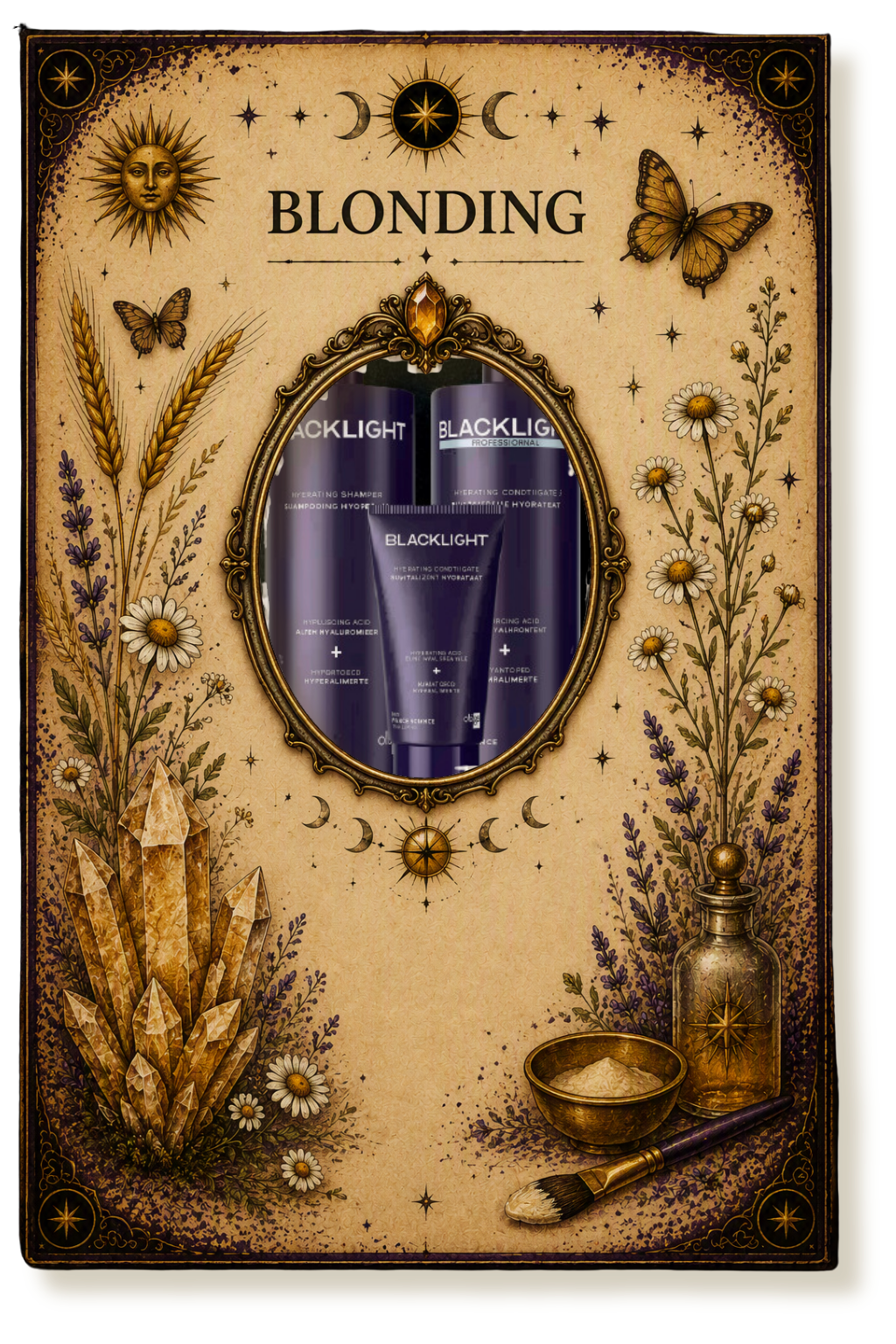 Blonding aftercare service card featuring professional hair care products for blonde hair maintenance, crystal accents, botanical elements, and ornate tarot-inspired artwork.