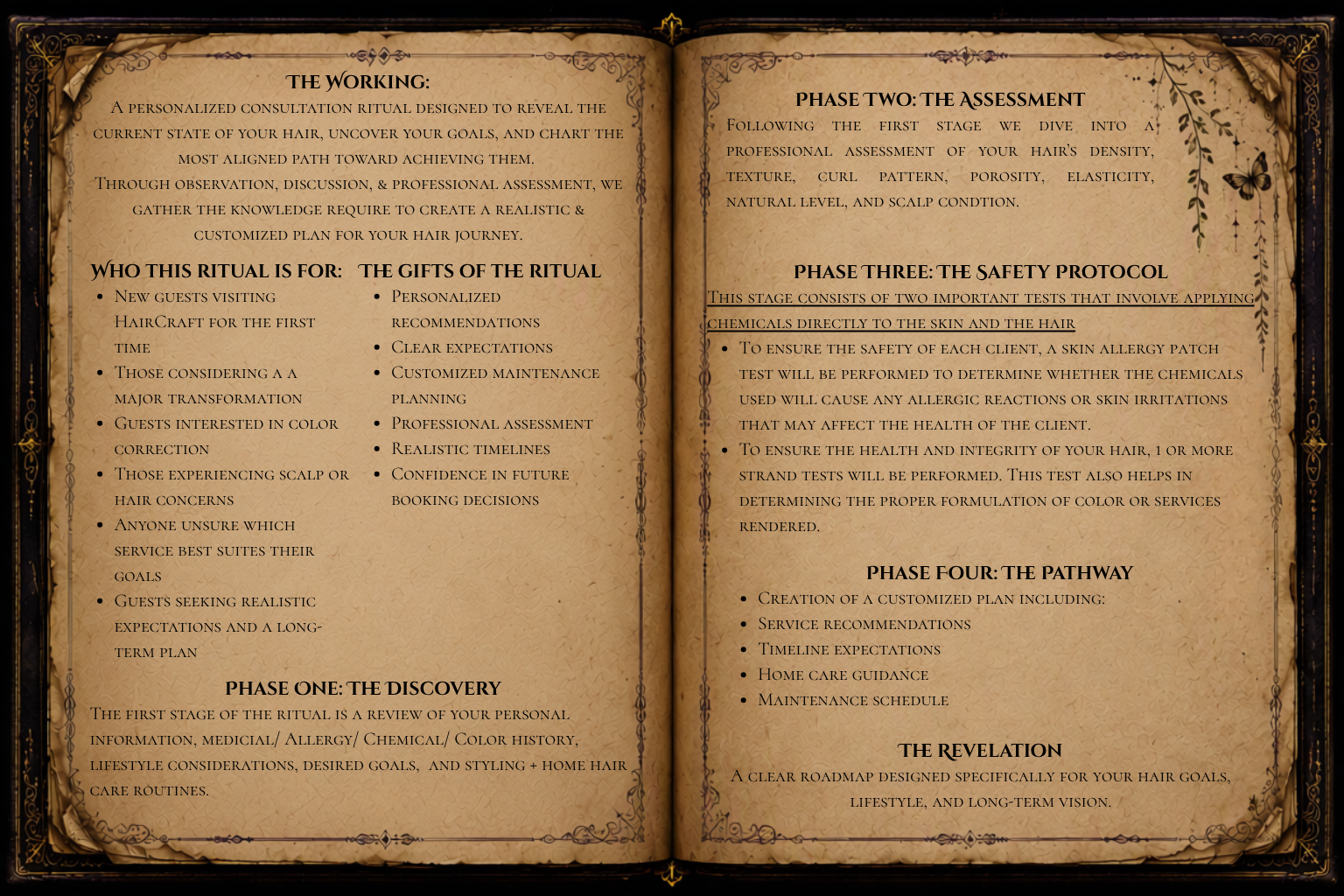 The Seer consultation grimoire page explaining the HairCraft hair consultation process, including hair color planning, scalp and hair assessment, allergy testing, customized service recommendations, and maintenance planning.