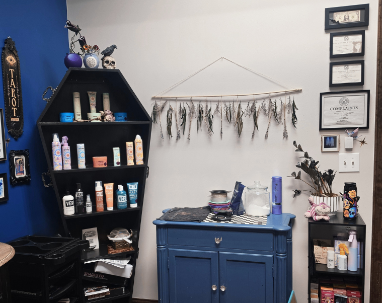 Interior of HairCraft's private salon suite showcasing professional hair products, nature-inspired decor, and personalized hair services.