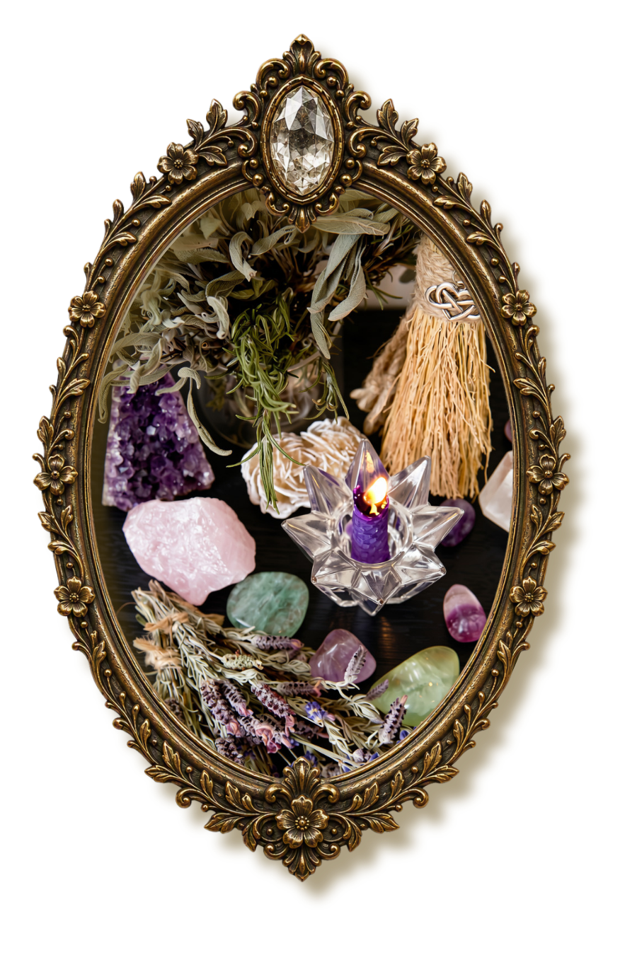 Decorative HairCraft brand graphic showcasing herbs, crystals, and mystical elements that represent a personalized salon experience.