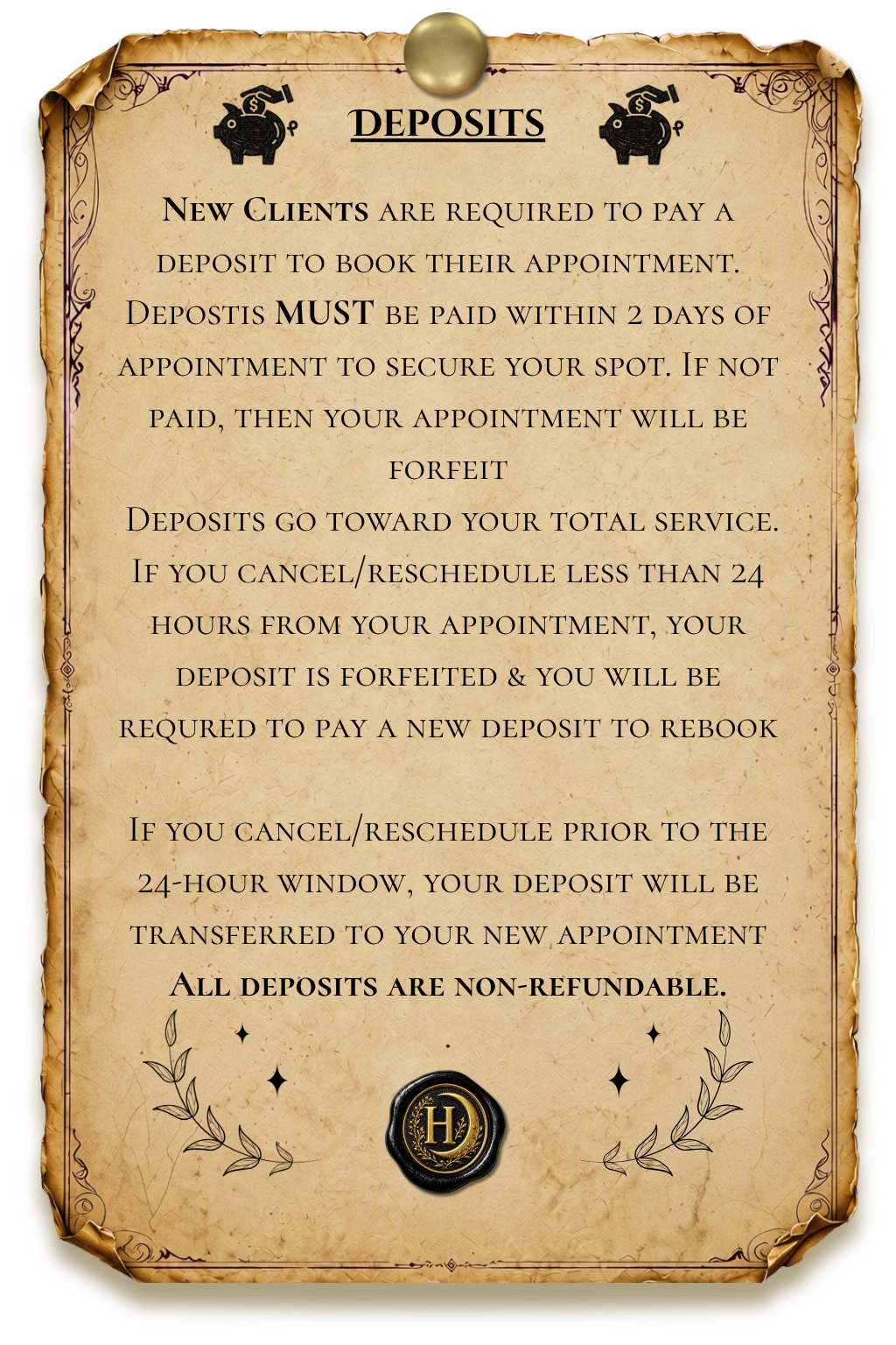 HairCraft deposit policy outlining appointment deposits, rescheduling terms, deposit forfeiture, and non-refundable payment guidelines.