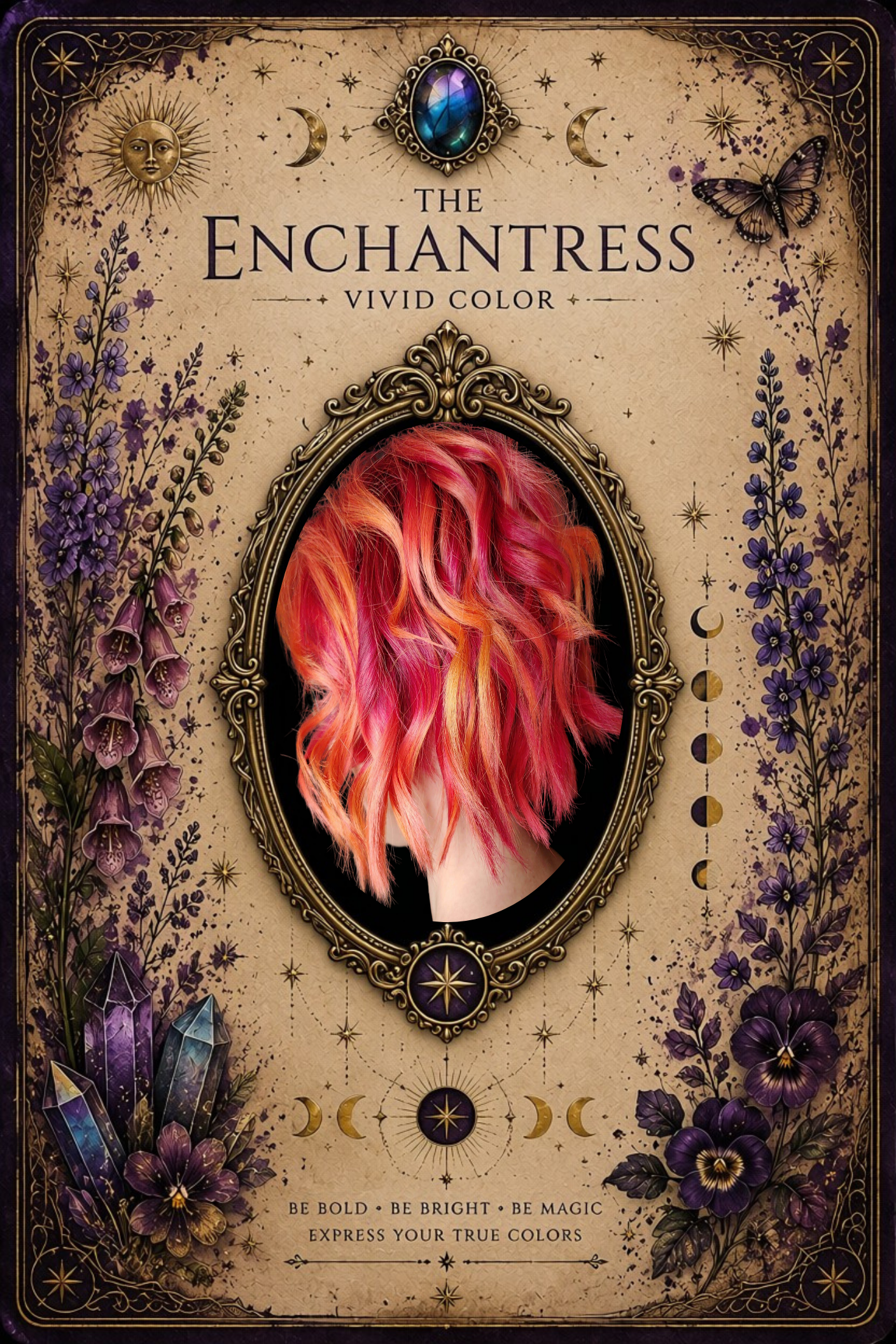 The Enchantress vivid color service card featuring vibrant pink, coral, and orange fashion hair color, crystal accents, botanical elements, and ornate tarot-inspired artwork.
