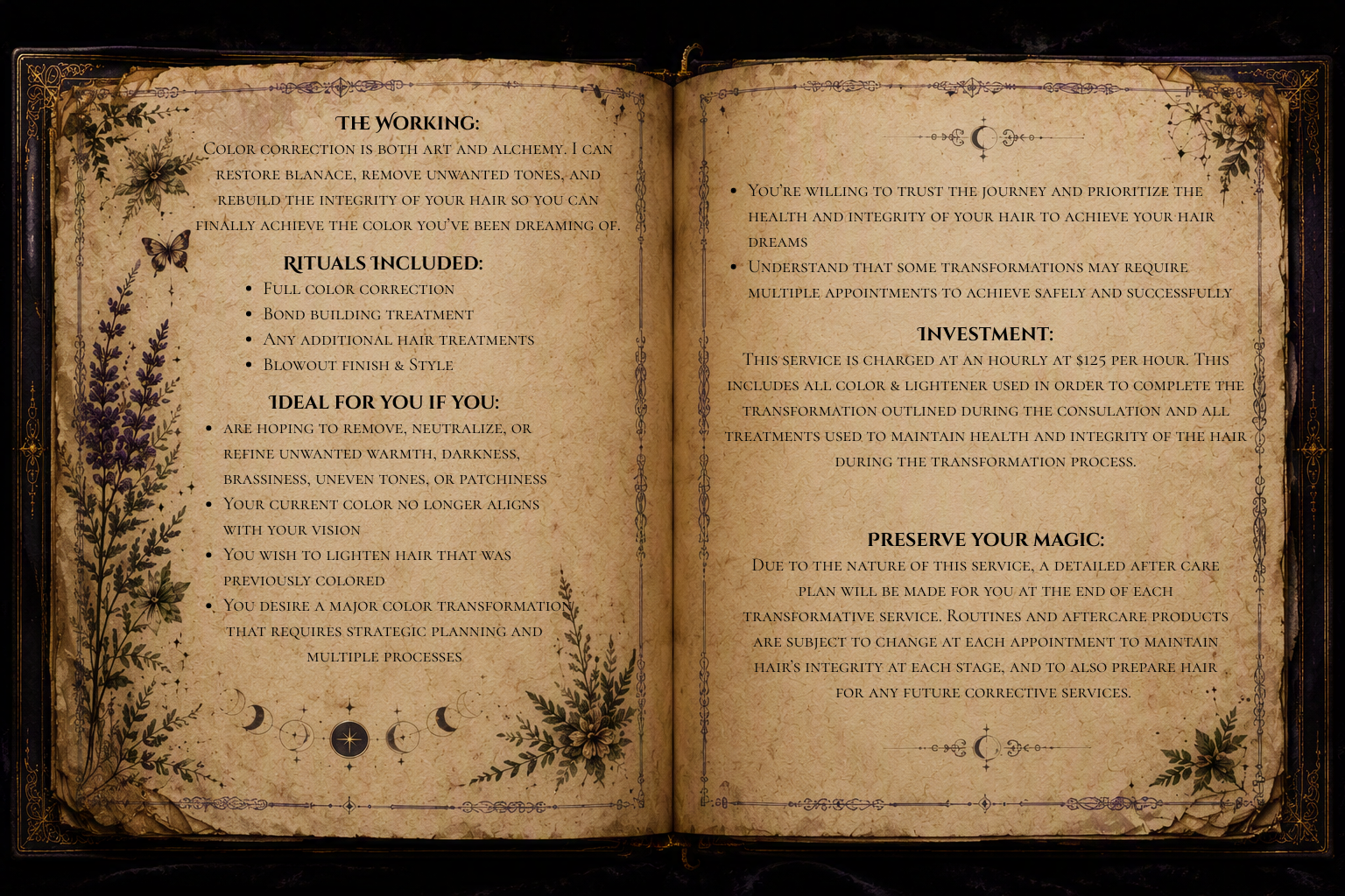 The Alchemist color correction grimoire page explaining corrective hair color services, including color correction planning, unwanted tone removal, bond-building treatments, and customized strategies for healthy hair transformation.