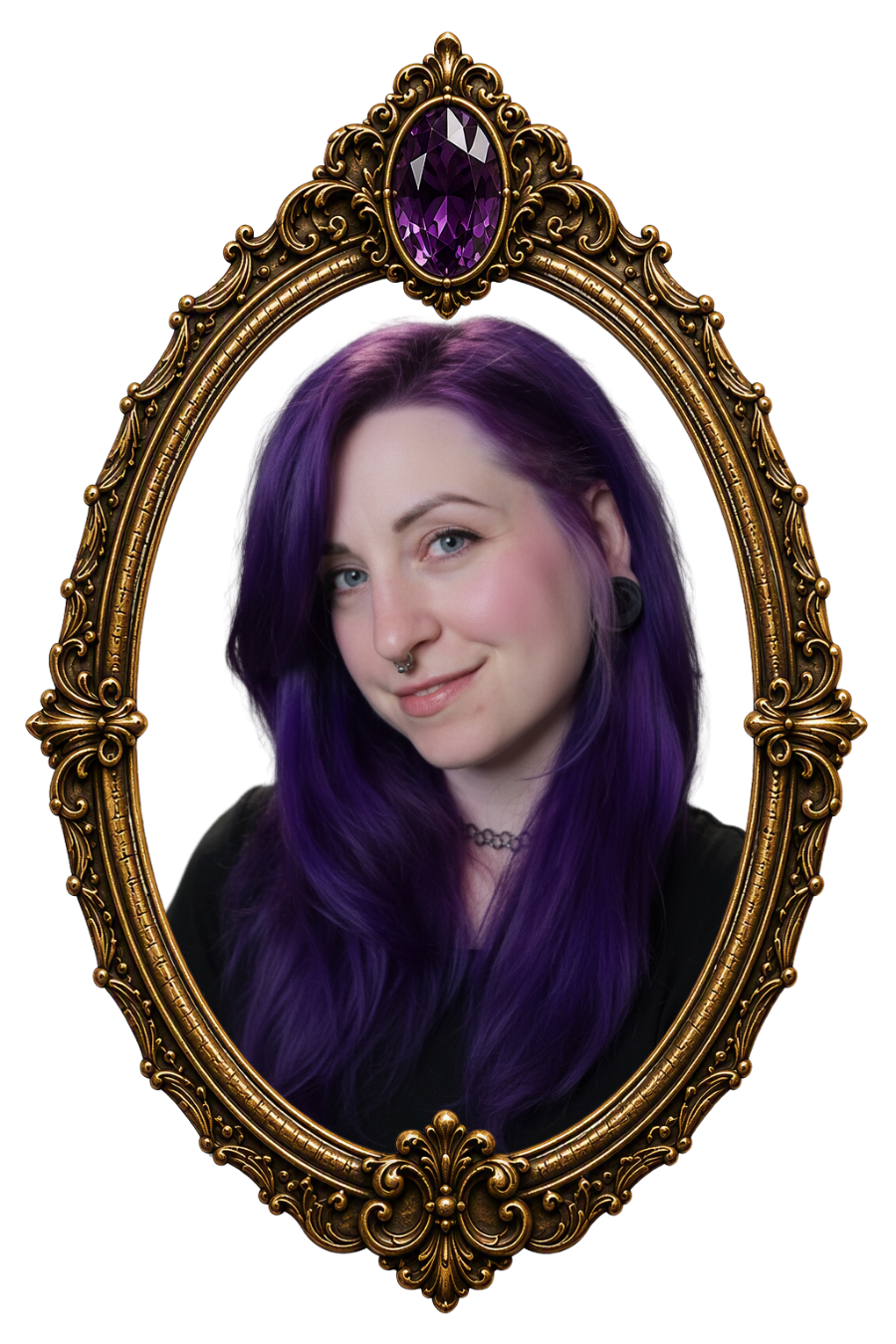 Portrait of the HairCraft stylist framed in an ornate gold mirror, showcasing vibrant fashion color hair and the salon's mystical brand aesthetic.
