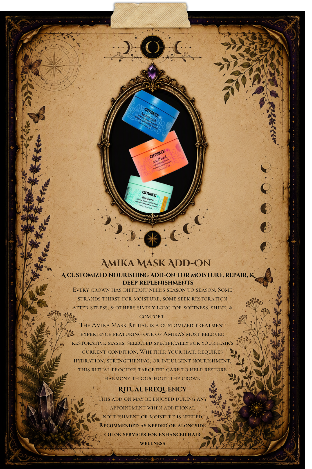 Amika Mask Add-On grimoire page explaining customized hair nourishment, including moisture support, restorative care, deep replenishment, and healthier-looking hair.