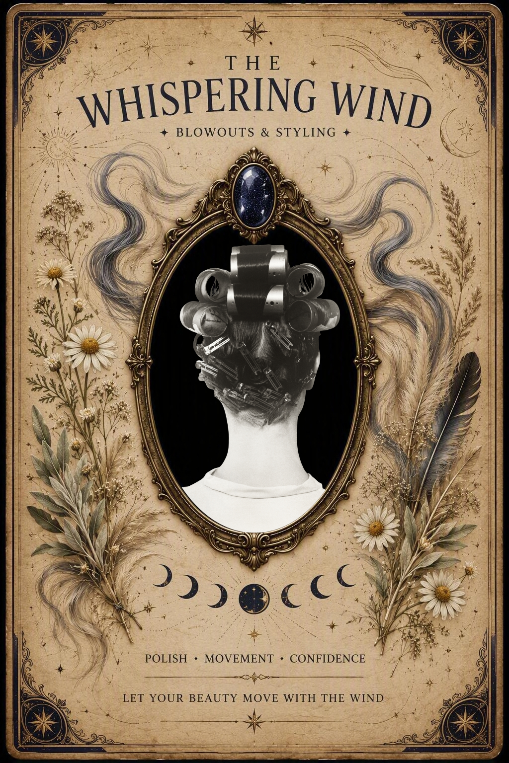 The Whispering Wind blowouts and styling service card featuring hair set in rollers, botanical elements, celestial details, and ornate tarot-inspired artwork.