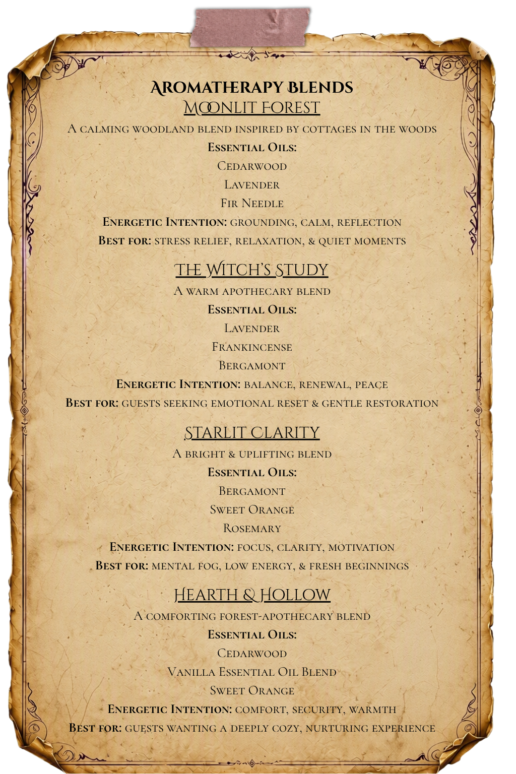 Hot Towel and Aromatherapy Ritual alchemy notes explaining relaxation benefits, treatment limitations, and magical correspondences focused on restoration, peace, mindfulness, and renewal.