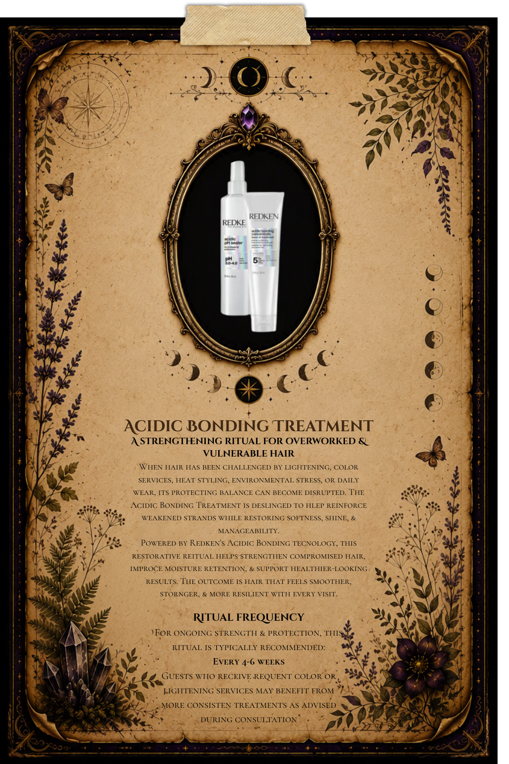 Redken Acidic Bonding Concentrate Treatment grimoire page explaining bond-repair hair treatment benefits, including weakened hair restoration, moisture retention support, treatment frequency recommendations, and stronger healthier-looking hair.
