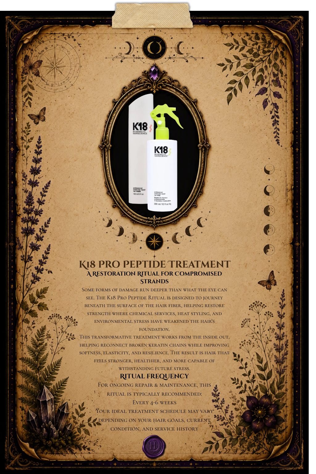 K18 Pro Peptide treatment grimoire page explaining biometric hair repair technology, including keratin chain restoration, strengthening chemically damaged hair, treatment frequency recommendations, and improved softness, elasticity, and resilience.