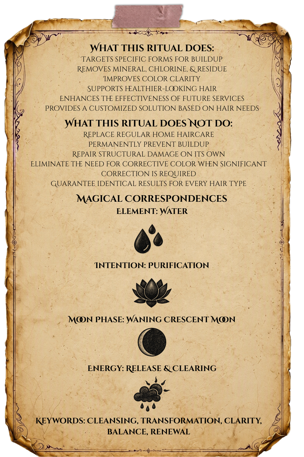 Malibu C Remedy alchemy notes outlining clarifying benefits, realistic treatment expectations, and magical correspondences focused on cleansing, release, renewal, and balance.