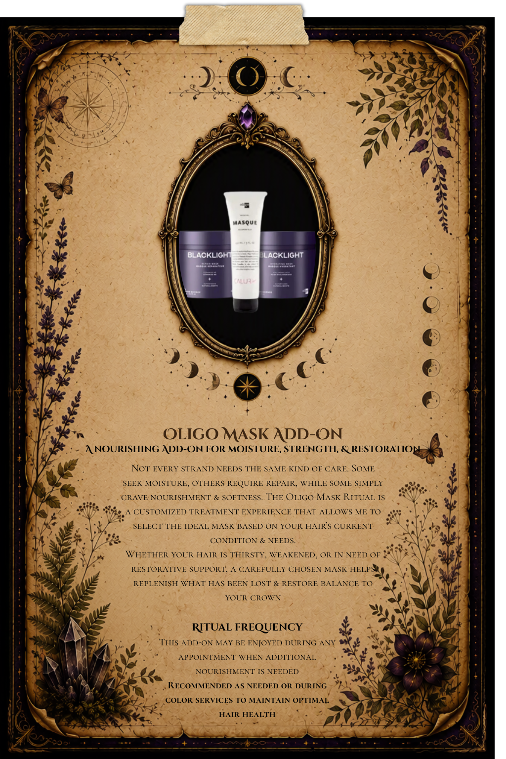 Oligo Mask Add-On grimoire page explaining customized hair nourishment, including moisture support, restorative care, treatment personalization, and healthier-looking hair.