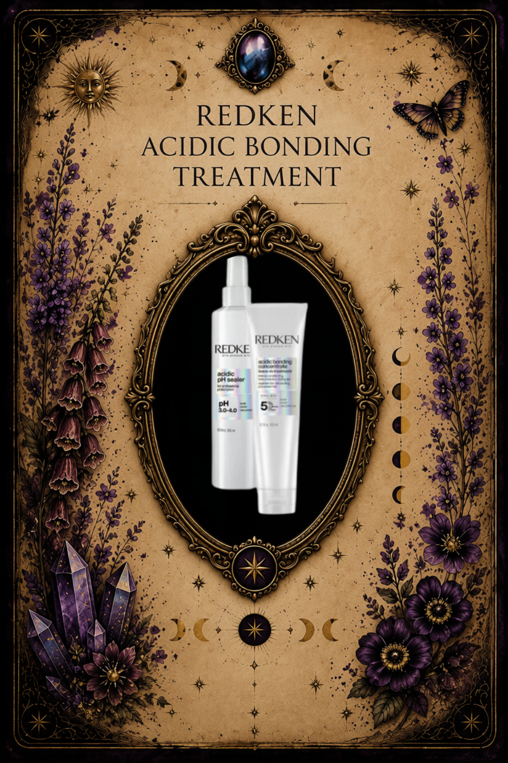 Redken Acidic Bonding Treatment aftercare guide card featuring Redken Acidic Bonding Concentrate products, bond repair and hair strengthening education, crystal accents, botanical elements, and ornate tarot-inspired artwork.