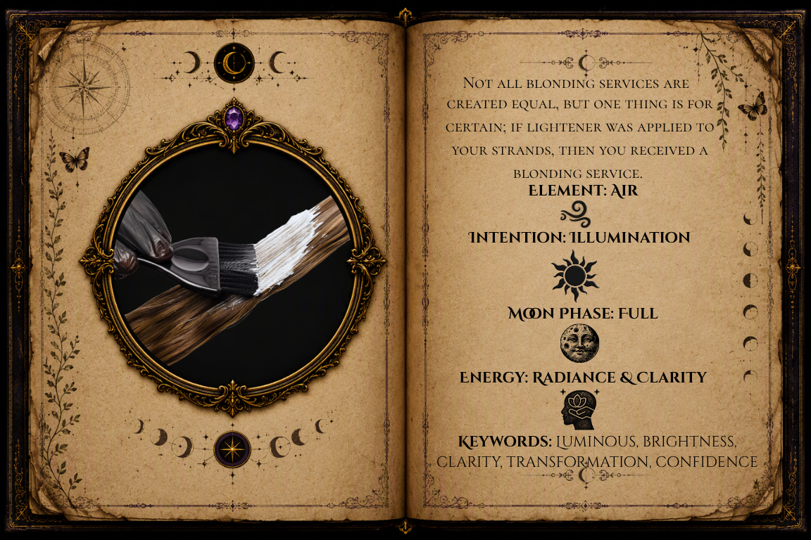 Blonding aftercare grimoire page explaining blonde hair maintenance, including lightener-based services, elemental correspondences, moon phase symbolism, and preserving brightness and hair health after blonding services.